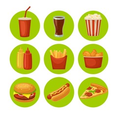 Set fast food icon. Cup cola, hamburger, pizza, chicken legs, hotdog, fry potato in paper box, carton bucket popcorn, ketchup. Isolated on green circle. Vector flat color illustration