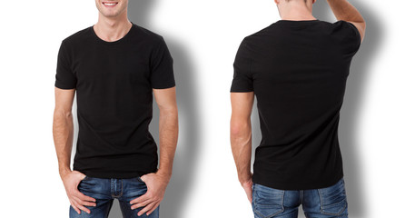Shirt design and people concept - close up of young man in blank black t-shirt isolated.