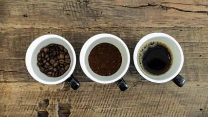 Coffee process in 3 cups - roasted, grind and brew