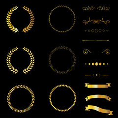 Set of design elements. Gold ornament, ribbons, corners, borders, design elements for decoration.