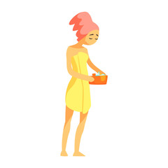 Woman With Hair Wrapped In Towel Holding Bucet Of Water, Part Of Russian Steam House Series Of Flat Funny Cartoon Illustrations