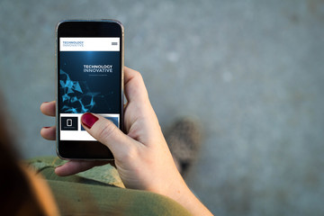 Woman walking smartphone innovative website