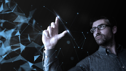 man touching digital network