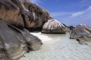 Amazing granite boulders on the Anse Source d'Argent beach on the seashore on La Digue island, Seychelles