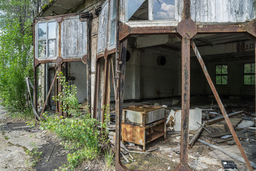 Old workshop in Pripyat abandoned city, Chernobyl Exclusion Zone, Ukraine