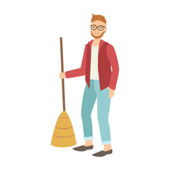 Man With Broom Sweeping The Floor, Cartoon Adult Characters Cleaning And Tiding Up