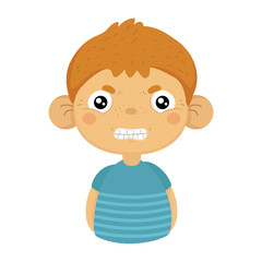 Obraz premium Angry Cute Small Boy With Big Ears In Blue T-shirt, Emoji Portrait Of A Male Child With Emotional Facial Expression