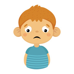 Sad And Disappointed Cute Small Boy With Big Ears In Blue T-shirt, Emoji Portrait Of A Male Child With Emotional Facial Expression