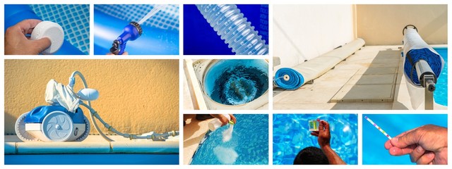 Fototapeta na wymiar Collage close-up maintenance of a private pool