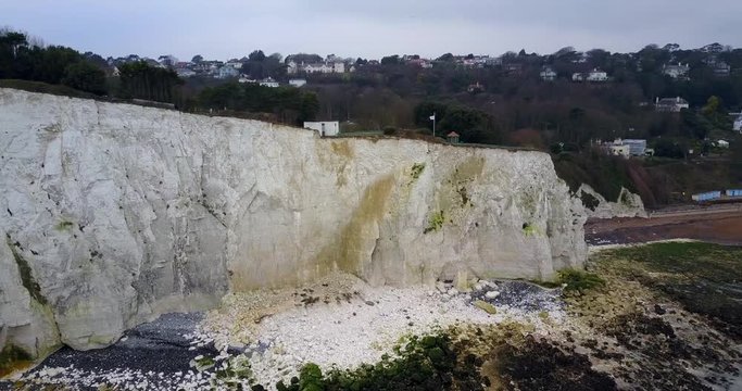 Panoramic 4K view of White Cliffs of Dover and the beach