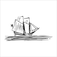 Vector illustration of sailing ship or boat in the sea in ink style. Hand sketched schooner. Marine theme design.