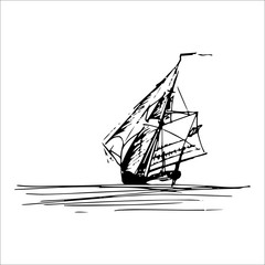Sailing ship in the ocean in ink line style. Hand sketched schooner or sloop. Marine theme design.