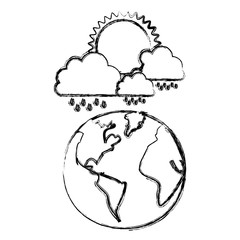 monochrome blurred contour of cloud with rain and sun over planet earth vector illustration
