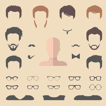 Big vector set of flat dress up constructor with different men haircuts, glasses, beard etc. Male faces icon creator