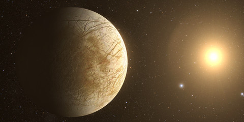 A rendered Image of the Jupiter Moon Europa on a starry background. © janez volmajer