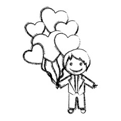 blurred hand drawn silhouette with groom and balloons of hearts vector illustration
