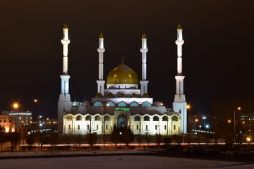 The NUR ASTANA mosque in Astana, capital of Kazakhstan, at night