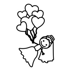 hand drawn silhouette with bride and balloons of hearts vector illustration