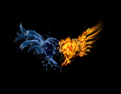 Burning heart. Heart in fire and water isolated on black background