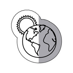 monochrome sticker contour with sunset over planet earth vector illustration