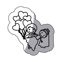 hand drawn sticker silhouette with married couple and balloons of hearts vector illustration