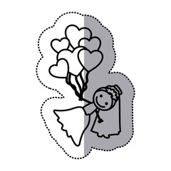 hand drawn sticker silhouette with bride and balloons of hearts vector illustration