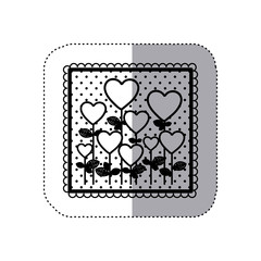 monochrome sticker in square frame and dotted with floral decoration with flowers in shape of hearts vector illustration