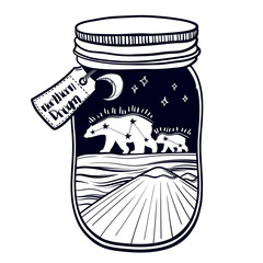 Printing with a beautiful jar and northern bear, moon and stars, Mount Everest. Vector illustration. Cocktails at the bar. Tattoo illustration or coloring book.