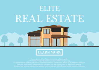 Vector illustration of cute house for rent or sale in flat building style. background with blue pastel colors. country views with trees and shrubs. Banner for a website selling luxury real estate