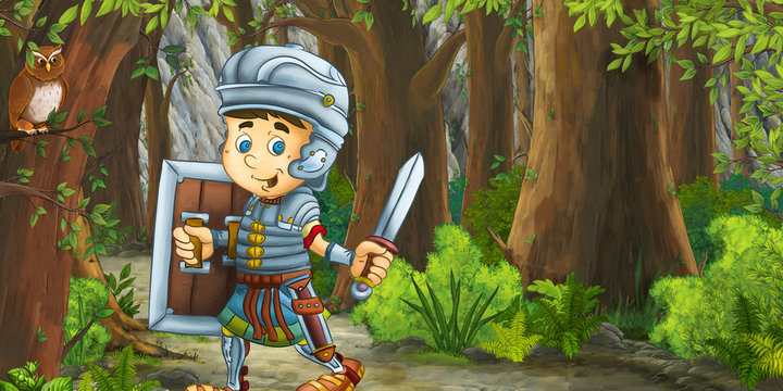 happy smiling cartoon roman soldier standing with sword and shield in the forest