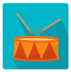 Drum a musical instrument icon flat style with long shadows, isolated on white background. Vector illustration