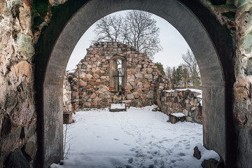 Medieval ruin of a stone church in Rytterne Sweden. Photo taken from the inside of the old church tower.