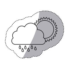 monochrome contour sticker of cloud with rain and sun vector illustration