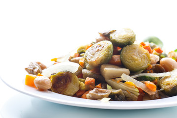 Brussels sprouts roasted with vegetables and beans