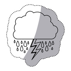 monochrome contour sticker of cloud with rain and lightning vector illustration