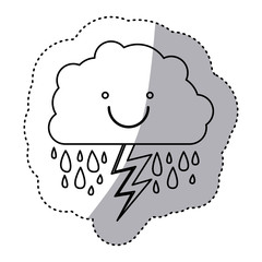 monochrome contour sticker of smiling cloud with rain and lightning vector illustration