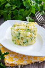 Fresh salad with cucumber, celery and eggs on a white porcelain plate, selective focus