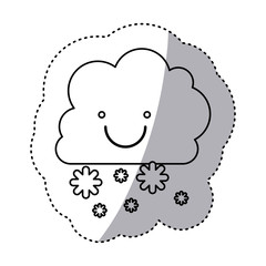 monochrome contour sticker with smiling cumulus of clouds and snow fall vector illustration