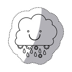 monochrome contour sticker with smiling cumulus of clouds with rain vector illustration