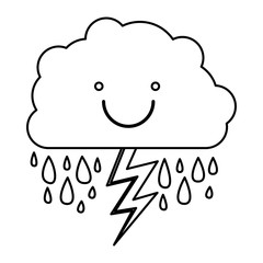 monochrome contour of smiling cloud with rain and lightning vector illustration