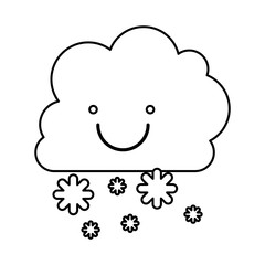 monochrome contour with smiling cumulus of clouds and snow fall vector illustration