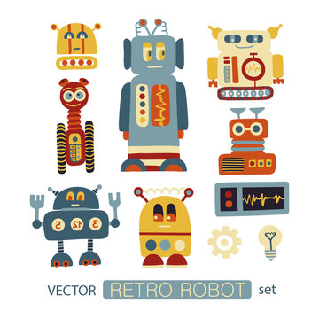Colorful vector clipart set with retro robots