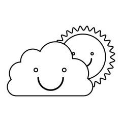 monochrome contour of smiling cloud with sun vector illustration
