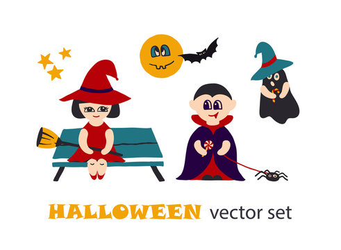 Halloween vector clipart set with kids in costumes