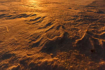 Martian sunset (Mars planet) red landscape. Looks like cold desert on Mars. A huge field of ice