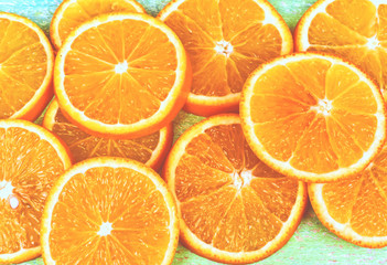 Oranges closeup on wooden background. hand made.