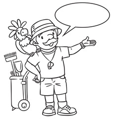 Coloring book of funny zoo keeper with parrot