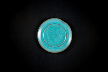 Blue food bowl small, Japanese-style floral pattern.black background and empty