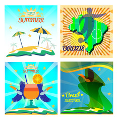 Digital vector image. Abstract summer card with toucan birds and a cocktail on sand and sea background. Sun umbrella, soccer, ball. Flat style