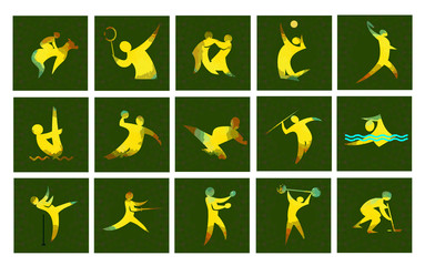 Digital vector image. Sport card icons set with an yellow abstract performer, stick figure.